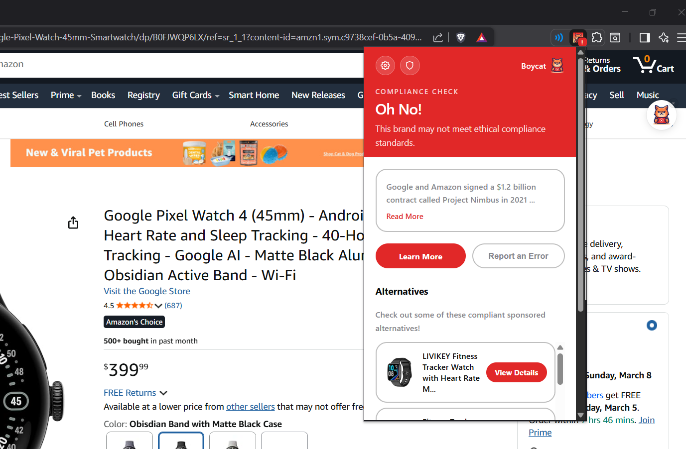 Boycat Browser Extension showing ethical shopping alerts on a product page